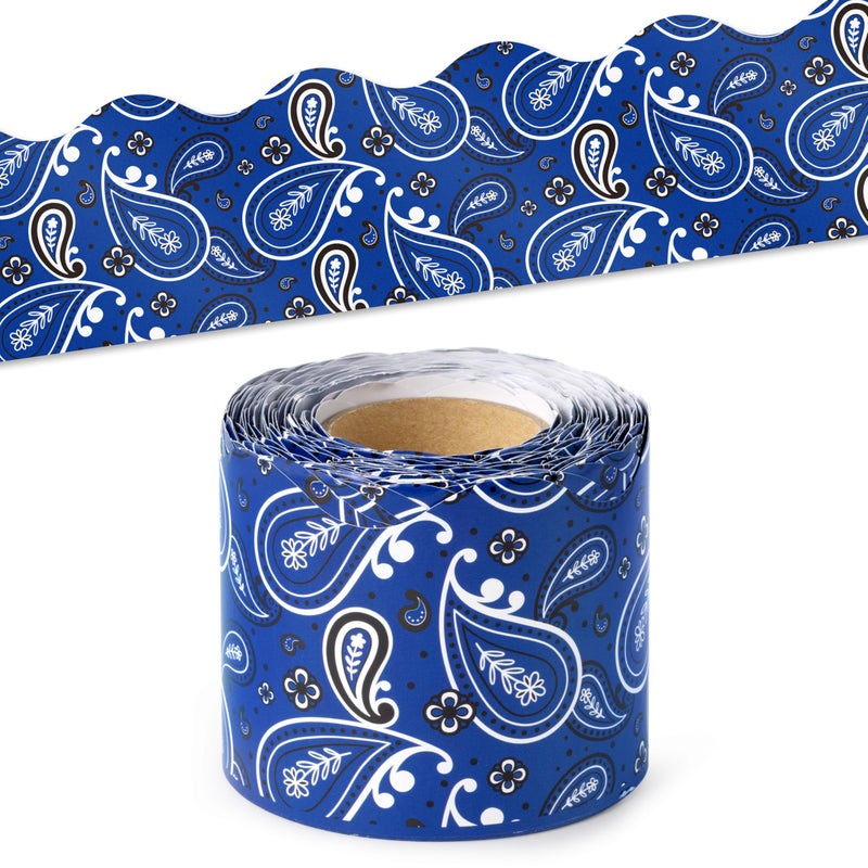 BeYumi Cowboy Bandana Border Trim - 65ft Back to School Western Themed Blue Bandana Scalloped Rolled Border Trim Wild West Themed Bulletin Board Set Classroom Office Chalkboard Wall Party Decoration - Image 1